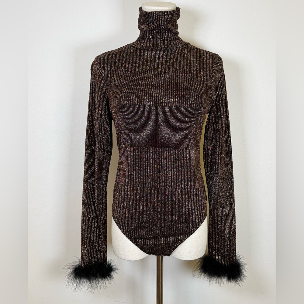 New! WAYF Metallic Ribbed Turtleneck Bodysuit Feather Detail Womens Size Medium